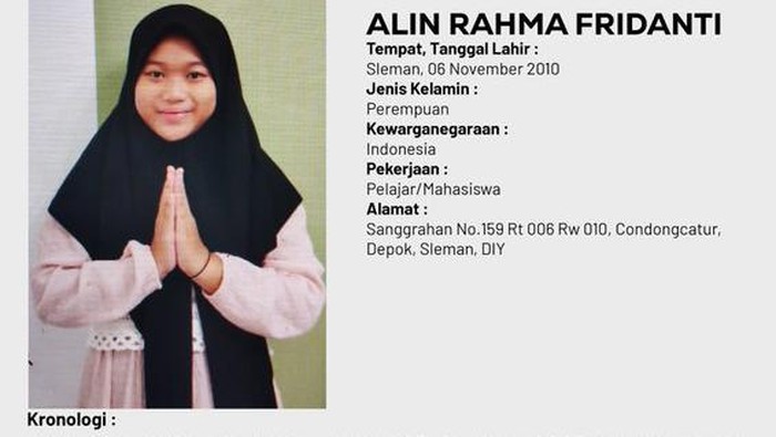 Mahasiswi Alin Rahma Fridanti dilaporkan hilang, Kamis (2/11/2023).
