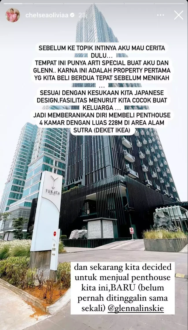 Penthouse Chelsea Olivia yang dibelinya bersama Glenn Alinskie sebelum keduanya menikah kini dijual. Berlokasi di Alam Sutra, penthouse tersebut dijual dengan harga yang fantastis, yaitu Rp 7,5 miliar. Foto: Instagram/@chelseaoliviaa