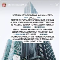 Penthouse Chelsea Olivia yang dibelinya bersama Glenn Alinskie sebelum keduanya menikah kini dijual. Berlokasi di Alam Sutra, penthouse tersebut dijual dengan harga yang fantastis, yaitu Rp 7,5 miliar. Foto: Instagram/@chelseaoliviaa