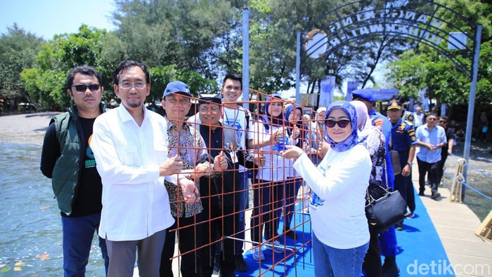 Penyerahan bantuan TJSL dari PT Pelni untuk wilayah konservasi terumbu karang di Bangsring, Banyuwangi.