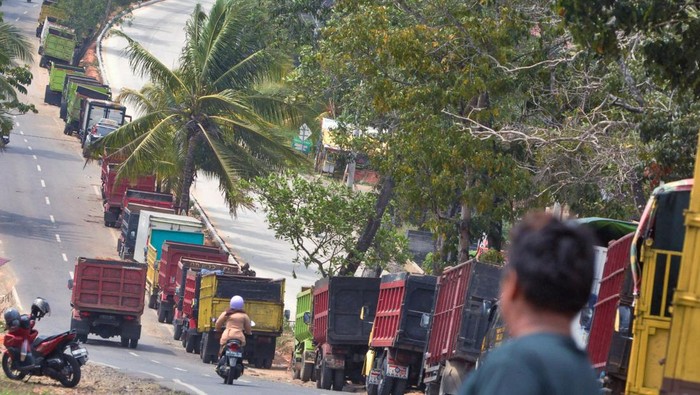 Sejumlah kendaraan antre untuk mengisi bahan bakar minyak (BBM) solar subsidi di salah satu SPBU  di Kota Bengkulu, Provinsi Bengkulu, Kamis (2/11/2023). Antrean kendaraan yang didominasi mobil mini bus dan truk angkutan terjadi di sejumlah SPBU karena tidak seimbangnya ketersediaan bahan bakar solar bersubsidi dengan kebutuhan masyarakat setempat. ANTARA FOTO/Muhammad Izfaldi/foc.