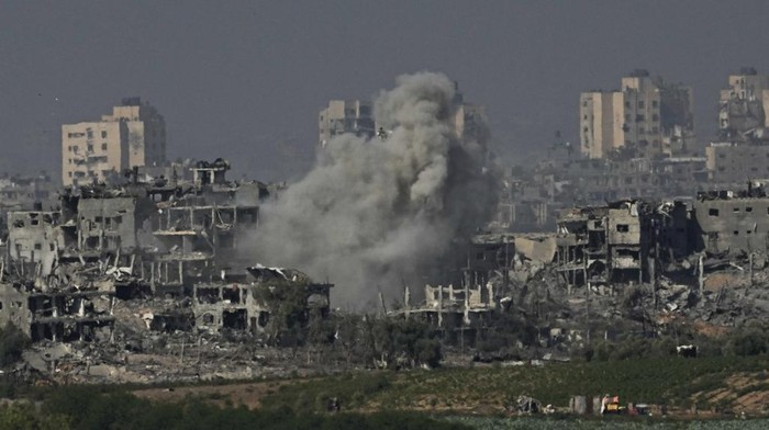 Smoke rises following an Israeli airstrike in the Gaza Strip, as seen from southern Israel, Tuesday, Oct. 31, 2023. (AP Photo/Ariel Schalit)