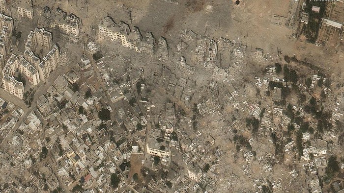 This image provided by Maxar Technologies shows closer to the damage of buildings and structures after bombing in the Izbat Beit Hanoun neighborhood, in northern Gaza, on Oct. 21, 2023. (Satellite image ©2023 Maxar Technologies via AP)