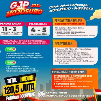 Gerak Jalan Perjuangan (GJP) Mojokerto-Suroboyo (Mojosuro) 2023 akan segera digelar. Simak info lengkapnya berikut ini.