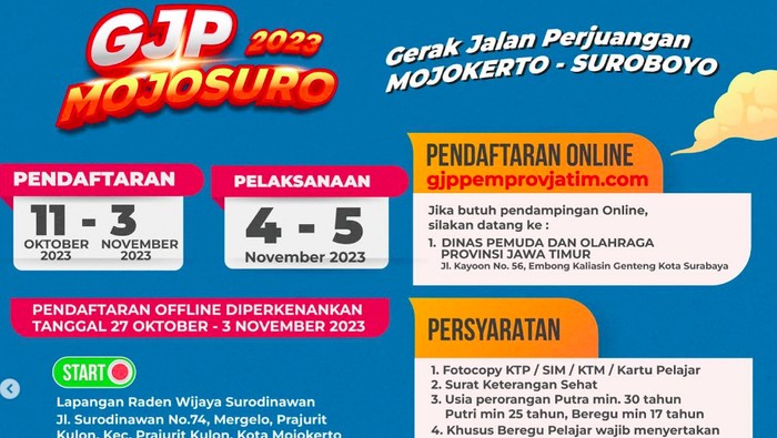 Gerak Jalan Perjuangan (GJP) Mojokerto-Suroboyo (Mojosuro) 2023 akan segera digelar. Simak info lengkapnya berikut ini.