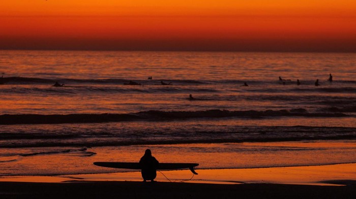 Menikmati Matahari Tenggelam di Pantai Cardiff California A surfer looks out at the ocean after sunset at Cardiff State Beach in Encinitas, California, U.S.,November 2, 2023. REUTERS/Mike Blake