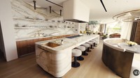 Pasangan yang dikaruniai 4 anak ini sengaja menghadirkan area dapur di dekat ruang tamu. Pasalnya mereka mengaku sangat sering masak. Foto: YouTube Architectural Digest