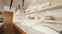 Dinding dapur Legend dan Teigen merupakan marmer dengan motif abu, cokelat, dan putih. Mereka menyempurnakannya dengan pajangan alat makan yang juga senada. Foto: YouTube Architectural Digest