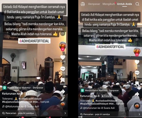 Tangkapan layar cuplikan ceramah Ustaz Adi Hidayat saat mengisi Tabligh Akbar di Masjid Baitul Makmur, Denpasar, Bali, viral di TikTok.