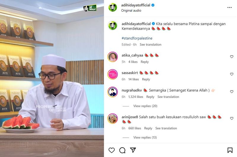 Tangkapan layar video Ustaz Adi Hidayat Official soal semangka jadi bentuk dukungan pada Palestina.