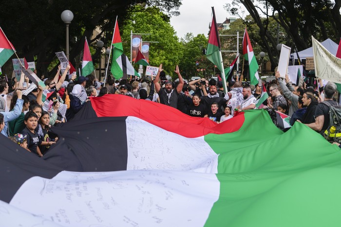 Protesters push prams during a pro-Palestinian rally in Sydney, Australia, Saturday, Nov. 4, 2023, in support of Palestinians caught up in the war between Israel and Hamas. (AP Photo/Mark Baker)