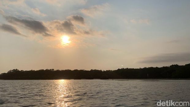 Menikmati sunset sembari menyusuri hutan mangrove menggunakan kano di KUB Simbar Segara, Pemogan, Denpasar, Bali.