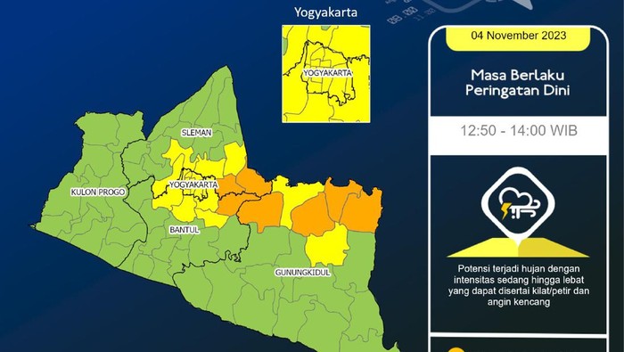 Peringatan Dini Cuaca wilayah DI Yogyakarta 4 November 2023 pukul 12.40 WIB.