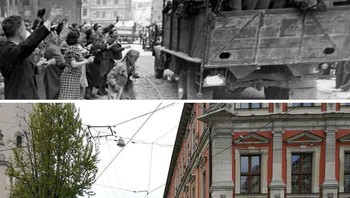 Penduduk setempat menyambut tentara Jerman, dengan latar belakang Katedral Assumption, 1941. (Foto: Boredpanda)