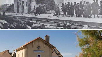Tahanan Jerman di Stasiun di Bernières, Tentara Jerman yang tertangkap menunggu transportasi mereka di stasiun kereta api di Bernières-Sur-Mer. Saat ini, bangunan stasiun lama berfungsi sebagai kantor pariwisata, 1944. (Foto: Boredpanda)