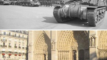 Notre-Dame (Pembebasan Paris), senjata self-propelled 105mm Priest dari Divisi Lapis Baja ke-2 Prancis di depan Notre Dame di Paris, 26 Agustus 1944. (Foto: Boredpanda)