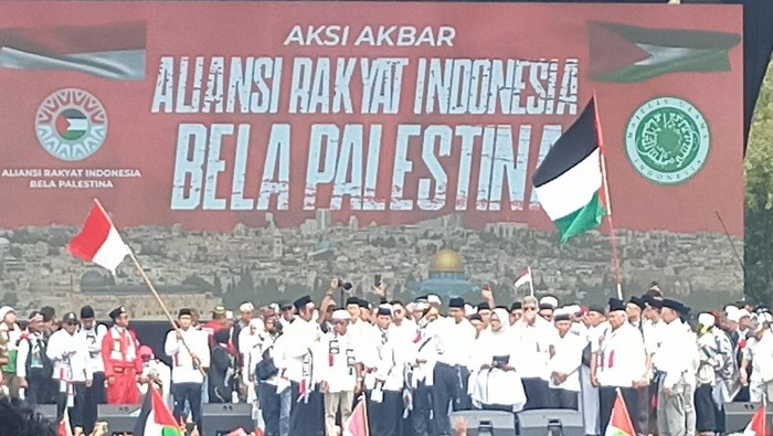 Anies saat orasi di aksi bela Palestina (Wildan/detikcom)