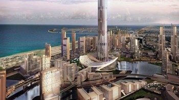 Nakheel Harbour and Tower. Bangunan ini juga korban dari kemerosotan ekonomi global, Nakheel Harbour and Tower di Dubai gagal beroperasi ketika dibatalkan pada bulan Desember 2009. Menara setinggi satu kilometer ini menelan biaya USD 38 miliar dan terpaksa gagal dilanjutkan. Foto: Woods Bagot via CNN