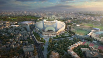 Tokyo Olympic Stadium. Rancangan karya arsitek ternama Zaha Hadid ini semula diperuntukkan bagi Olimpiade 2020 dan Piala Dunia Rugbi 2019. Namun biaya konstruksi meningkat seiring dengan naiknya harga baja. Akhirnya pada Juli 2015 Perdana Menteri Shinzo Abe mengumumkan bahwa desain tersebut dibatalkan karena beralih ke alternatif yang lebih hemat biaya. Foto: Zaha Hadid Architects via CNN