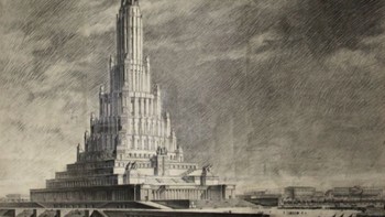 Palace of the Soviets. Desain yang mengesankan ini merupakan pemenang kompetisi internasional pada tahun 1931 untuk gedung administrasi dan kongres baru di Moskow, Rusia. Dengan ketinggian 416 m, gedung ini akan melampaui Empire State Building sebagai gedung tertinggi di dunia saat itu. Fondasinya diletakkan pada tahun 1939 tetapi invasi Nazi pada tahun 1941 menghentikan pembangunannya. Foto: Tchoban Foundation via CNN