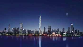 Chicago Spire. Gedung pencakar langit ini mulai dibangun tahun 2005, didesain terbuat dari baja dan kaca tipis yang dipilin, setiap lantai bisa berputar 2 derajat di sekitar inti pusat. Namun kemudian krisis keuangan global melanda. Konstruksi dihentikan pada tahun 2008 dan tidak pernah diteruskan. Foto: Santiago Calatrava via CNN