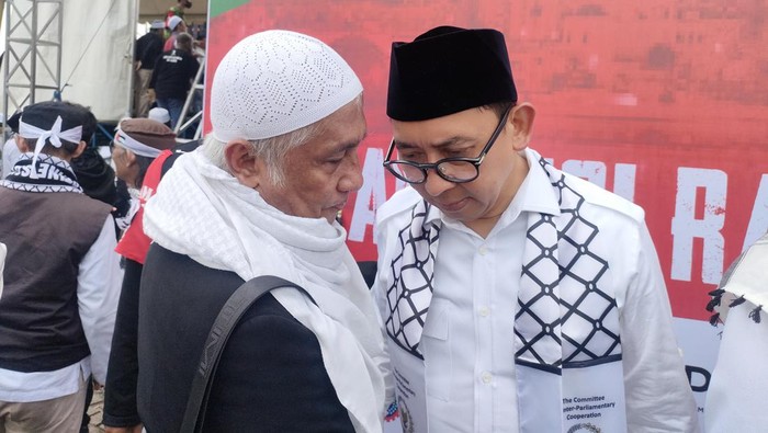 Fadli Zon saat hadiri aksi bela Palestina di Monas (Dwi/detikcom)