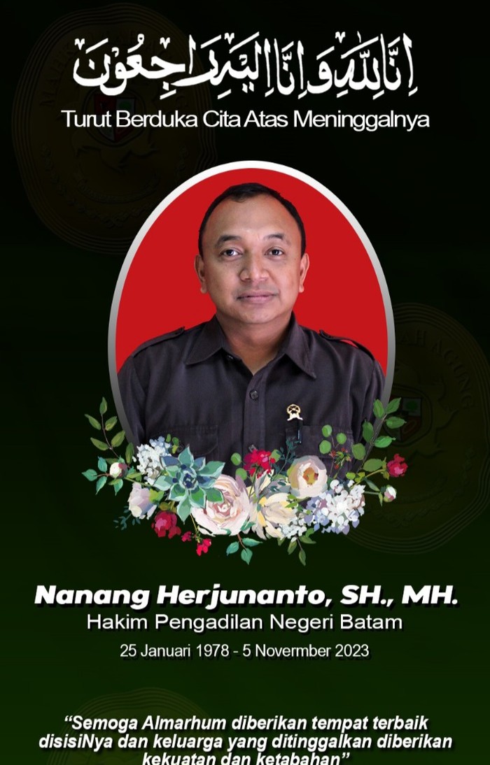 Flayer ucapan belasungkawa dari PN Batam atas meninggalnya Nanang Herjunanto. (Foto: Istimewa)