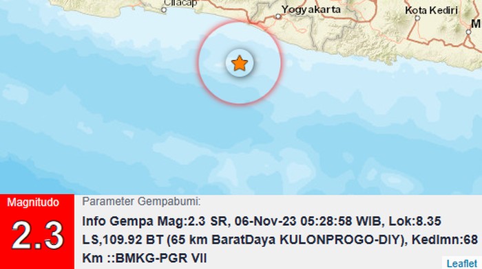 Gempa M 2,3 di perairan Kulon Progo, Senin (6/11/2023).