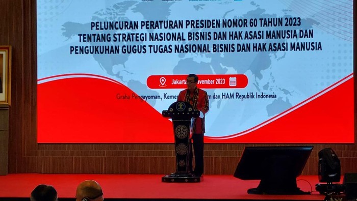 Kementerian Hukum dan HAM (Kemenkumham) meluncurkan Peraturan Presiden (Perpres) Nomor 60 tahun 2023. Perpres itu menertibkan soal Strategi Nasional Bisnis dan HAM (Stranas BHAM).