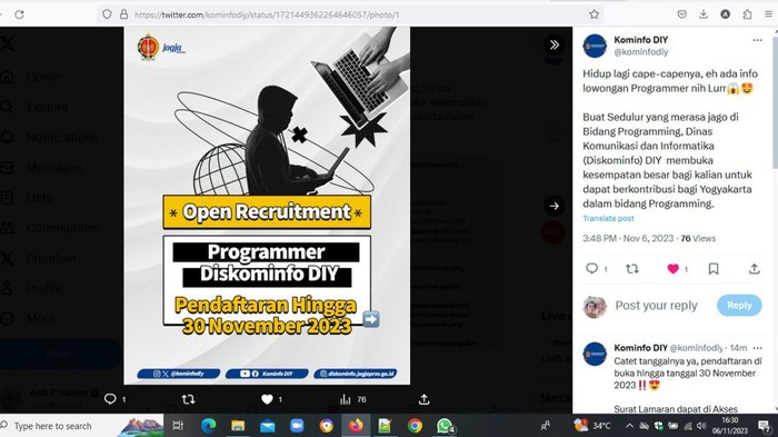 Info lowongan Programmer yang dibuat Dinas Komunikasi dan Informatika Daerah Istimewa Yogyakarta (DIY), Senin (6/11/2023).