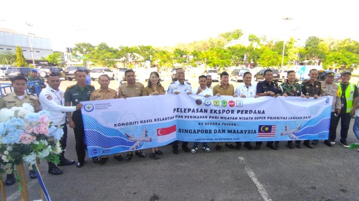 Petugas Stasiun Karantina Ikan, Pengendalian Mutu, dan Keamanan Hasil Perikanan Bima, Pemkab Manggarai Barat, serta sejumlah instansi terkait melepas ekspor perdana ikan dari Labuan Bajo ke Singapura dan Malaysia, di Bandara Komodo, Senin (6/11/2023)