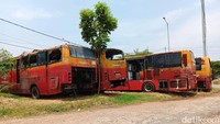 Hampir seluruh bus yang terparkir di kawasan tersebut sudah sangat usang dengan cat yang sudah mengelupas atau luntur.   