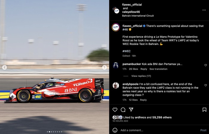 Valentino Rossi Uji Mobil LMP2 dengan Sponsor Indonesia