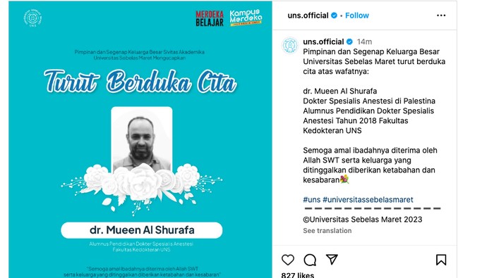dr Mueen Al Shurafa alumnus UNS wafat di Palestina.