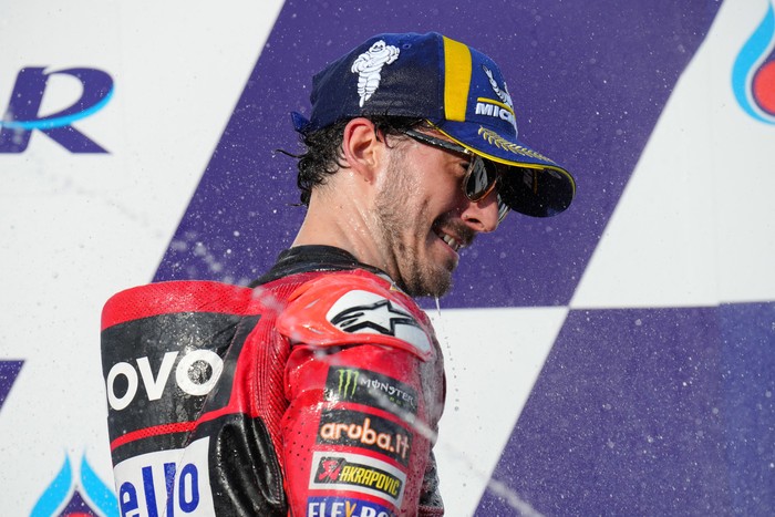 MotoGP - Thailand Grand Prix - Chang International Circuit, Buriram, Thailand - October 29, 2023 Ducati Lenovo Teams Francesco Bagnaia celebrates on the podium after finishing second in the MotoGP REUTERS/Athit Perawonmetha