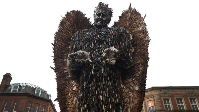 The Knife Angel sculpture, also known as The National Monument Against Violence and Aggression, created by artist Alfie Bradley from over 100.000 knives obtained from knife amnesties and weapons seized by British police forces, is seen on display as part of a national tour in Bolton, Britain, November 6, 2023. REUTERS/Phil Noble     TPX IMAGES OF THE DAY