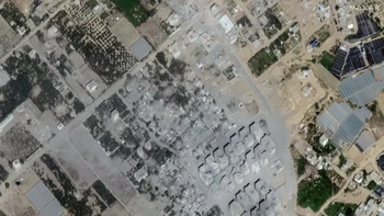 Foto setelah dibom 21 Oktober 2023, Agence France-Presse melaporkan bahwa rudal-rudal Israel telah meratakan lebih dari 20 bangunan di daerah tersebut. Foto: Maxar Technologies/Reuters