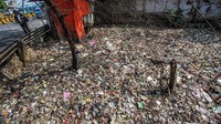 Hamparan sampah itu menutup seluruh permukaan air.  