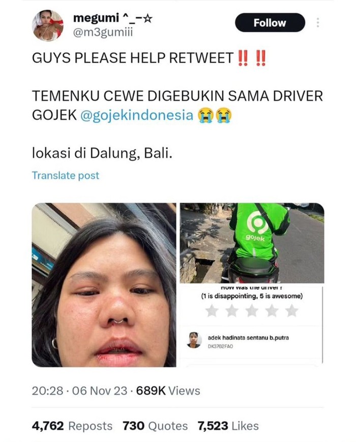Penumpang ojol, NF, dianiaya oleh ojol di Kuta Utara, Badung, Bali, Senin sore (6/11/2023).
