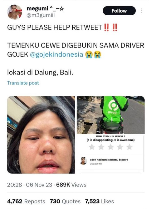 Viral wisatawan dianiaya driver ojol di Kuta Utara, Badung, Bali.