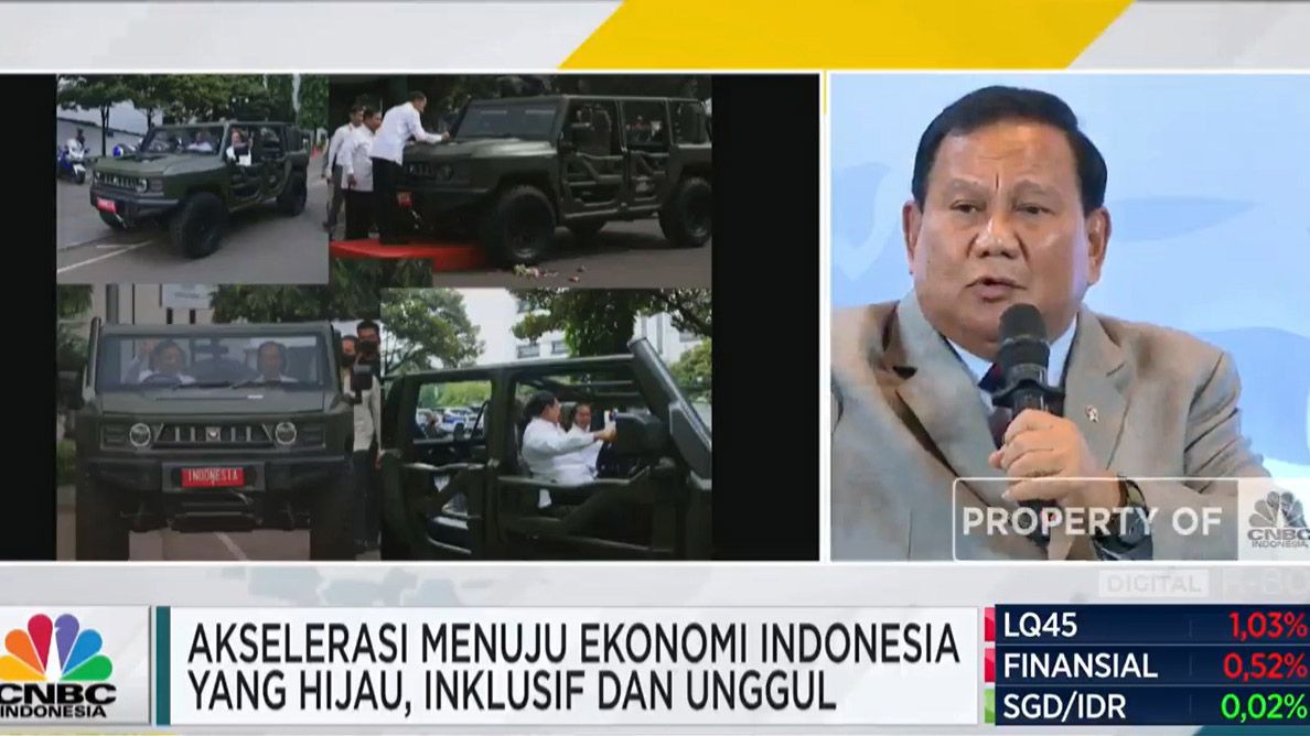 Bakal calon presiden Prabowo Subianto dalam acara Sarasehan 100 Ekonom Indonesia yang diselenggarakan oleh CNBC Indonesia dan INDEF di Menara Bank Mega, Jakarta, Rabu (8/11/2023). (CNBC indonesia TV)