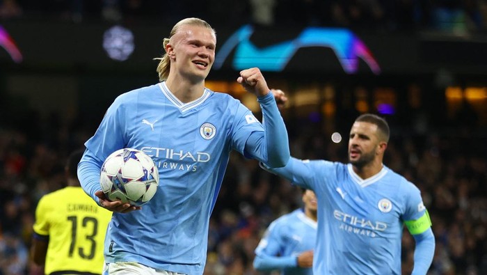 Soccer Football - Champions League - Group G - Manchester City v BSC Young Boys - Etihad Stadium, Manchester, Britain - November 7, 2023 Manchester Citys Erling Braut Haaland celebrates scoring their first goal REUTERS/Carl Recine