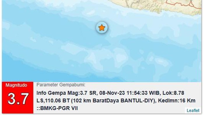 Gempa bumi berkekuatan magnitudo 3,7 terjadi di Bantul siang ini, Rabu (8/11/2023)