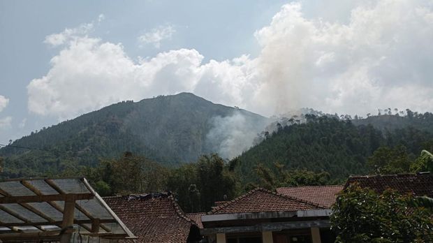 Asap memutih di Gunung Andong di wilayah Kecamatan Ngablak, Kabupaten Magelang yang dilaporkan terbakar, Rabu (8/11/2023).