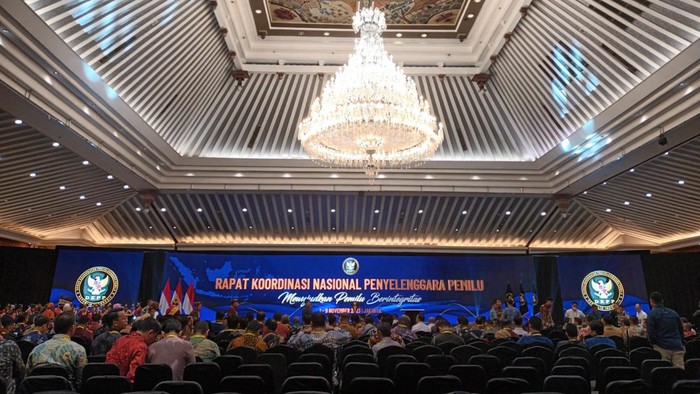 Rakornas Penyelenggara Pemilu di Hotel Grand Sahid, Jalan Sudirman, Jakarta, Rabu (8/11/2023).