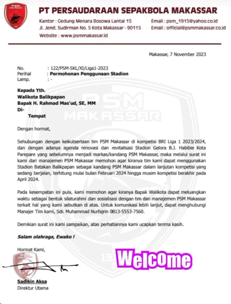 Surat PSM Makassar untuk menggunakan Stadion Batakan, Balikpapan di Liga 1 2023/2024. Surat PSM Makassar untuk menggunakan Stadion Batakan, Balikpapan di Liga 1 2023/2024.
