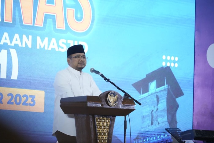 Menag Yaqut Cholil Qoumas dalam rakernas BKM, Rabu (8/11/2023).