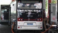 Petugas mengontrol pengisian daya listrik pada bus mini bertenaga lisrik di Terminal Intermoda Joyoboyo (TIJ), Surabaya, Jawa Timur, Kamis (9/11/2023). 