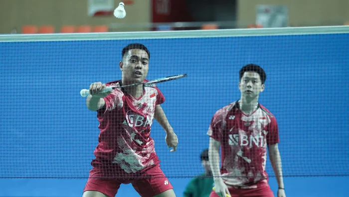 Ganda putra Kevin Sanjaya Sukamuljo/Rahmad Hidayat berlaga di Korea Masters 2023.