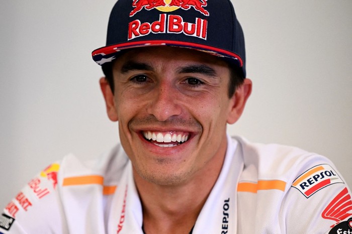 Repsol Hondas Spanish rider Marc Marquez speaks to media ahead of the MotoGP Australian Grand Prix at Phillip Island on October 19, 2023. (Photo by WILLIAM WEST / AFP) / -- IMAGE RESTRICTED TO EDITORIAL USE - STRICTLY NO COMMERCIAL USE --